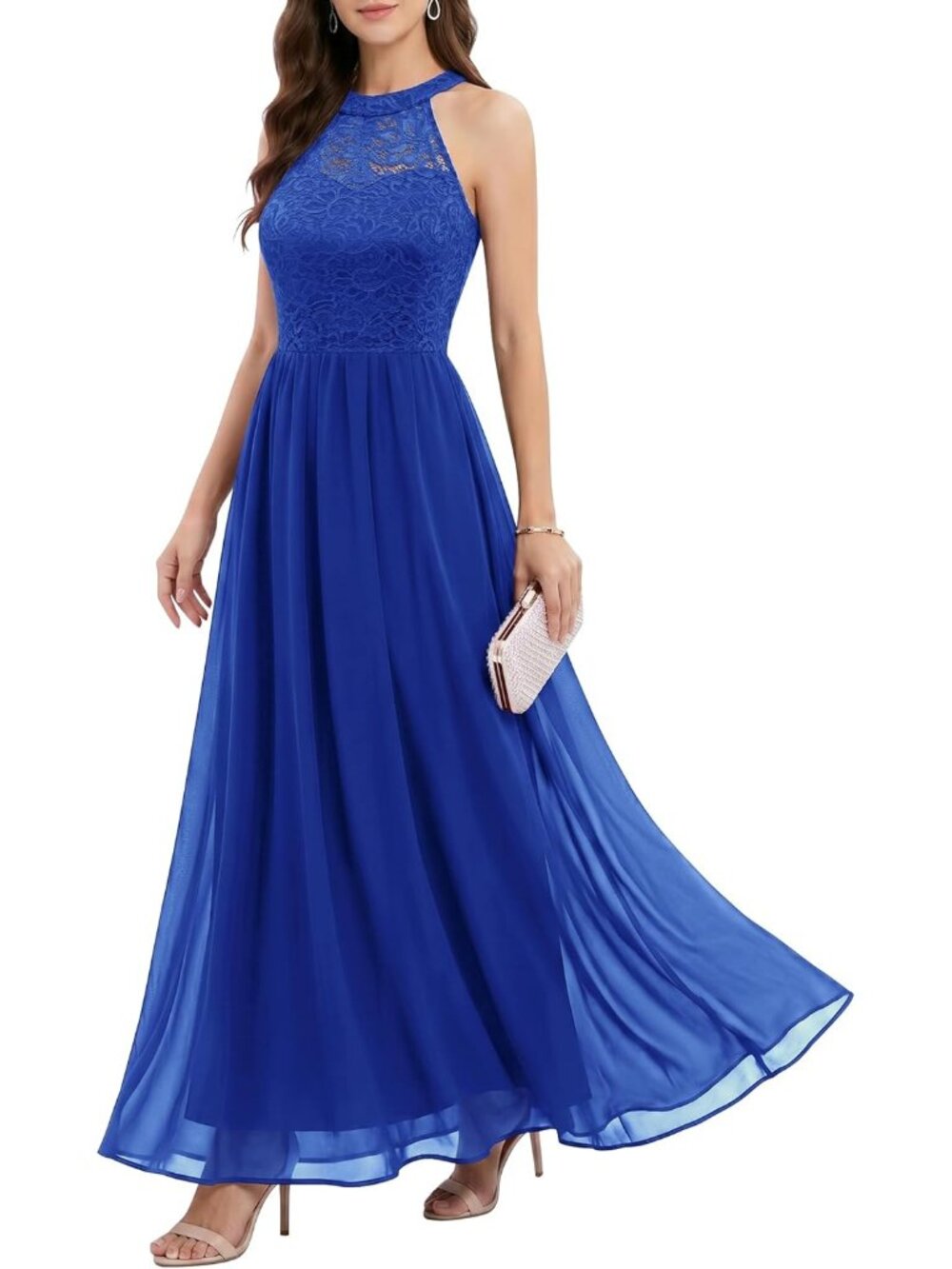 Women's Royal Blu Halter Neck Floral Lace Bridesmaid Cocktail Bodycon Maxi Dress
